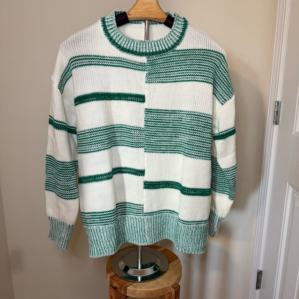 Striped Green and White Women's Crew Neck Sweater